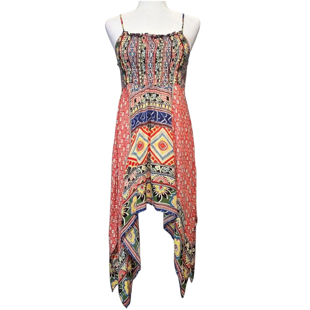 Wet Seal Boho Smocked Patchwork Handkerchief Dress Retro Festival Womens Small‎